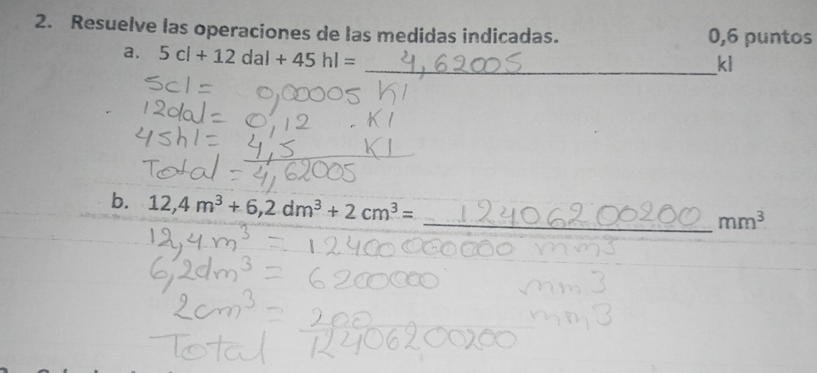 Resuelve las operaciones de las medidas indicadas. 0,6 puntos 
a. 5cl+12dal+45hl=
_ kl
b. 12,4m^3+6, 2dm^3+2cm^3=
_ mm^3