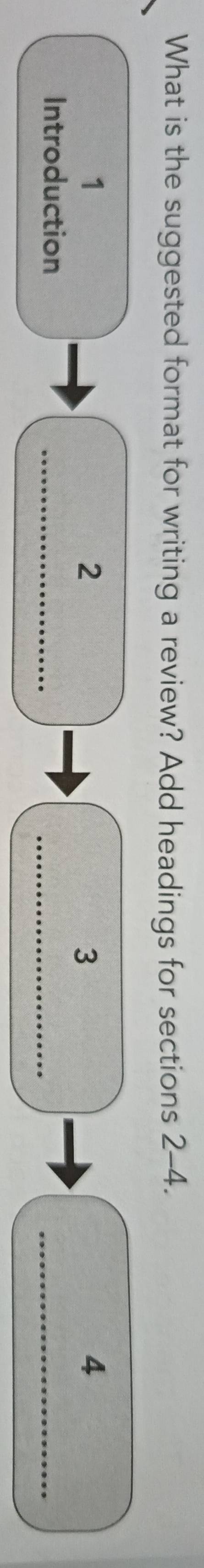 What is the suggested format for writing a review? Add headings for sections 2 -4.
1
2
3
4
Introduction 
_ 
_ 
_