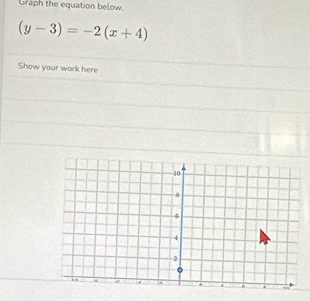 Graph the equation below.
(y-3)=-2(x+4)
Show your work here