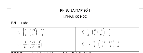 PhiếU bài tập Số 1
I.PHAN SỐ HọC
Bài 1. Tính: