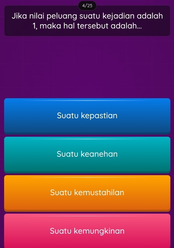 4/25
Jika nilai peluang suatu kejadian adalah
1, maka hal tersebut adalah...
Suatu kepastian
Suatu keanehan
Suatu kemustahilan
Suatu kemungkinan