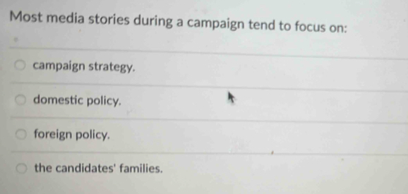 Most media stories during a campaign tend to focus on:
campaign strategy.
domestic policy.
foreign policy.
the candidates' families.