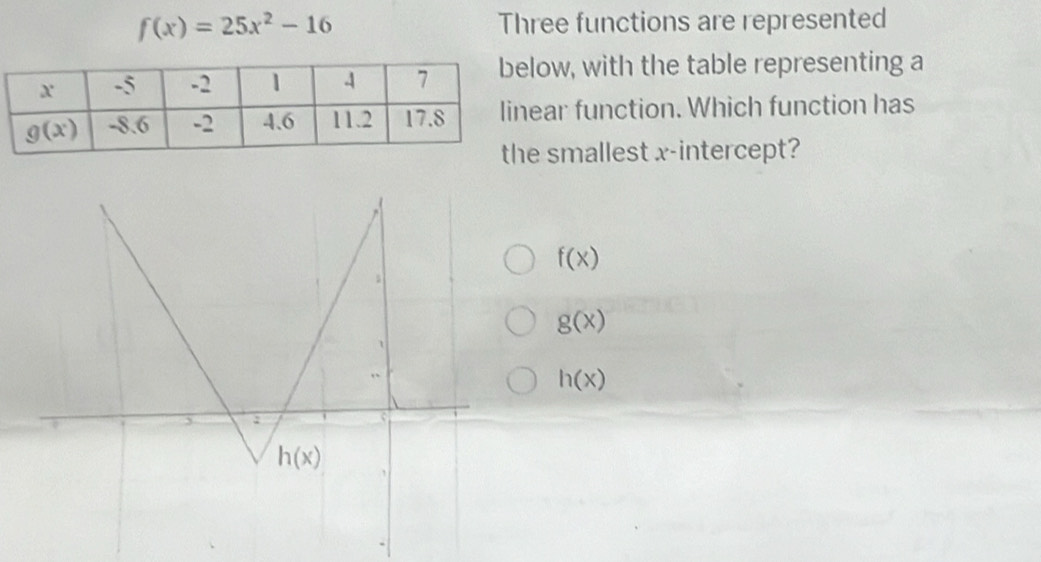 f(x)=25x^2-16 Three functions are represented
ow, with the table representing a
ar function. Which function has
smallest x-intercept?
f(x)
g(x)
h(x)
5 :
h(x)