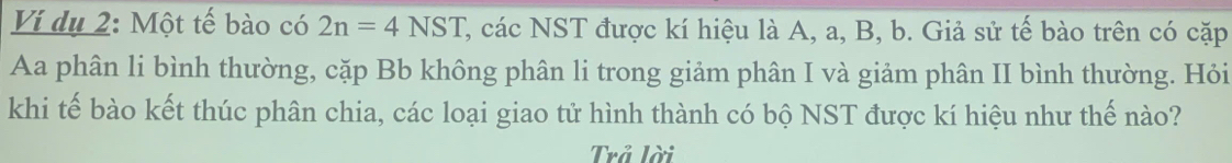 Vi dụ 2: Một tế bào có 2n=4NST C, các NST được kí hiệu là A, a, B, b. Giả sử tế bào trên có cặp 
Aa phân li bình thường, cặp Bb không phân li trong giảm phân I và giảm phân II bình thường. Hỏi 
khi tế bào kết thúc phân chia, các loại giao tử hình thành có bộ NST được kí hiệu như thế nào? 
Trả lời