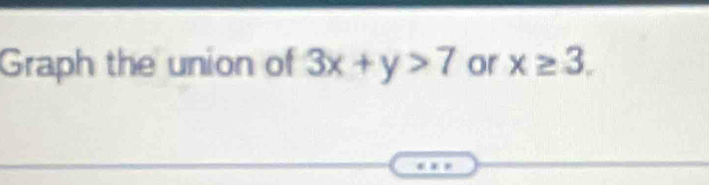 Graph the union of 3x+y>7 or x≥ 3.