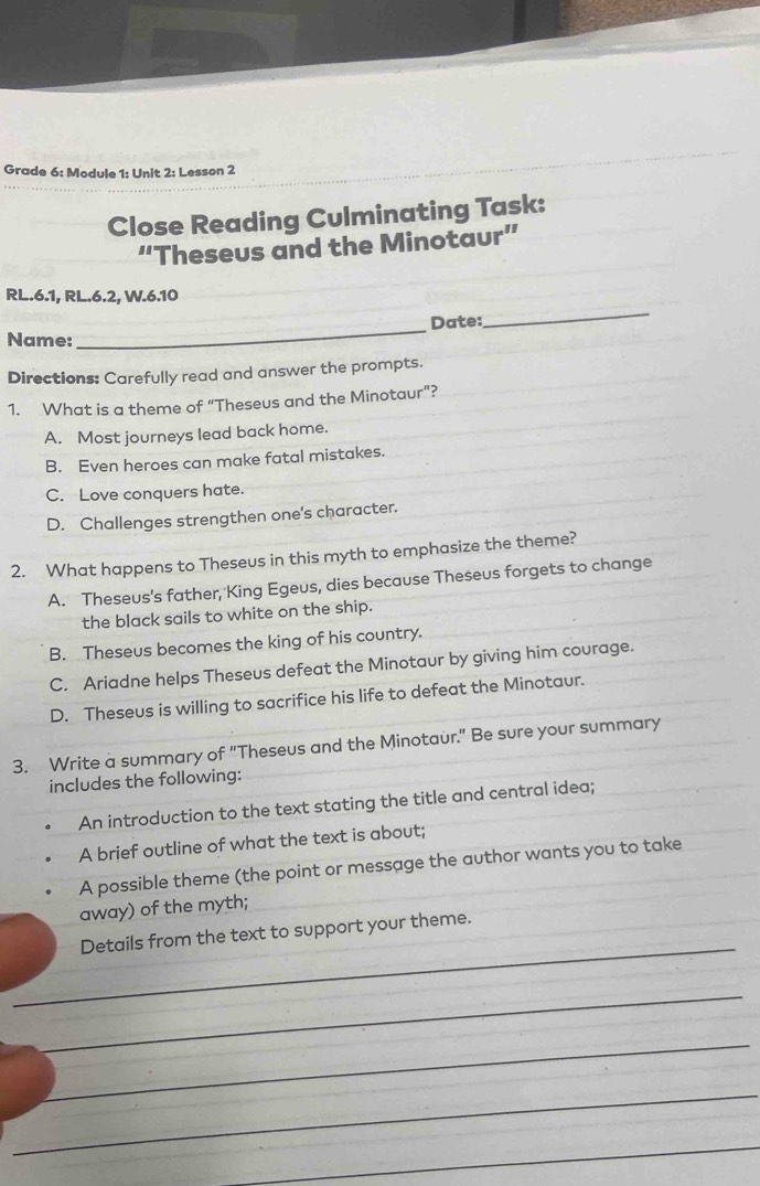 Solved: Grade 6: Module 1: Unit 2: Lesson 2 Close Reading Culminating ...