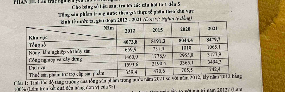 PHAN III. Cầu trấc nghệm yêu cấu 
Cho bảng số liệu sau, trả lời các câu hỏi từ 1 đến 5
Tổng sản phẩm trong nước theo giá thực tế phân theo khu vực 
giai đoạn 2012 - 2021 (Đơn vị: Nghìn tỷ đồng) 
Câu 1: Tính tốc độ tăng trưởng của tổng sản phẩm tro
100% (Làm tròn kết quả đến hàng đơn vị của %) 1 mây lần so với giá trị năm 2012? (Làm