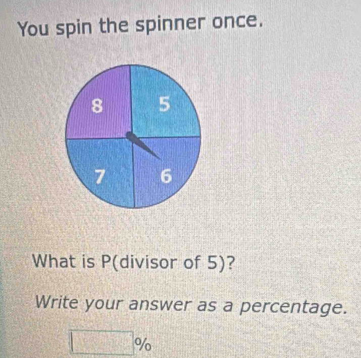 You spin the spinner once. 
What is P (divisor of 5)? 
Write your answer as a percentage.
□ %