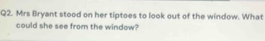Mrs Bryant stood on her tiptoes to look out of the window. What 
could she see from the window?