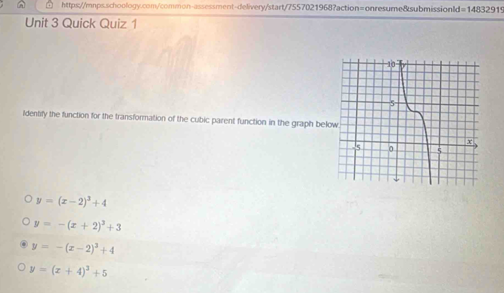 =14832919 
Unit 3 Quick Quiz 1
Identify the function for the transformation of the cubic parent function in the graph bel
y=(x-2)^3+4
y=-(x+2)^3+3
y=-(x-2)^3+4
y=(x+4)^3+5