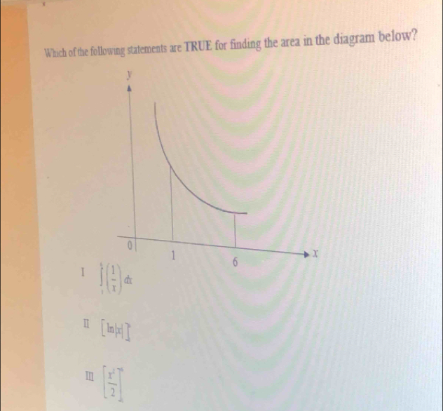 Which of the following statements are TRUE for finding the area in the diagram below?
∈tlimits _t^(t(frac 1)x)dx
Ⅱ [ln |x|]^2
Ⅲ [ x^2/2 ]^0