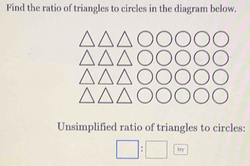 Find the ratio of triangles to circles in the diagram below. 
Unsimplified ratio of triangles to circles:
□ :□ boxed try