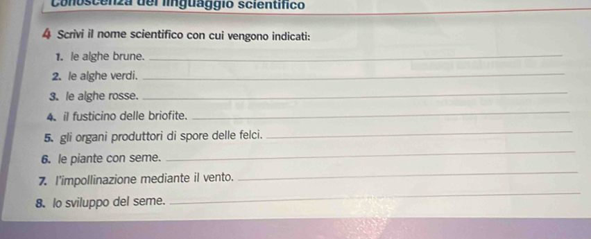 Conoscenza del linguaggio scientífico 
4 Scrivi il nome scientifico con cui vengono indicati: 
1. le alghe brune._ 
2. le alghe verdi._ 
3. le alghe rosse. 
_ 
4. il fusticino delle briofite. 
_ 
5. gli organi produttori di spore delle felci. 
_ 
6. le piante con seme. 
_ 
_ 
_ 
7. I'impollinazione mediante il vento. 
8. lo sviluppo del seme.