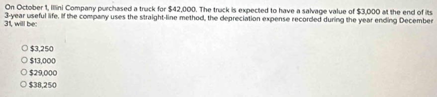 On October 1, Illini Company purchased a truck for $42,000. The truck is expected to have a salvage value of $3,000 at the end of its
3-year useful life. If the company uses the straight-line method, the depreciation expense recorded during the year ending December
31, will be:
$3,250
$13,000
$29,000
$38,250