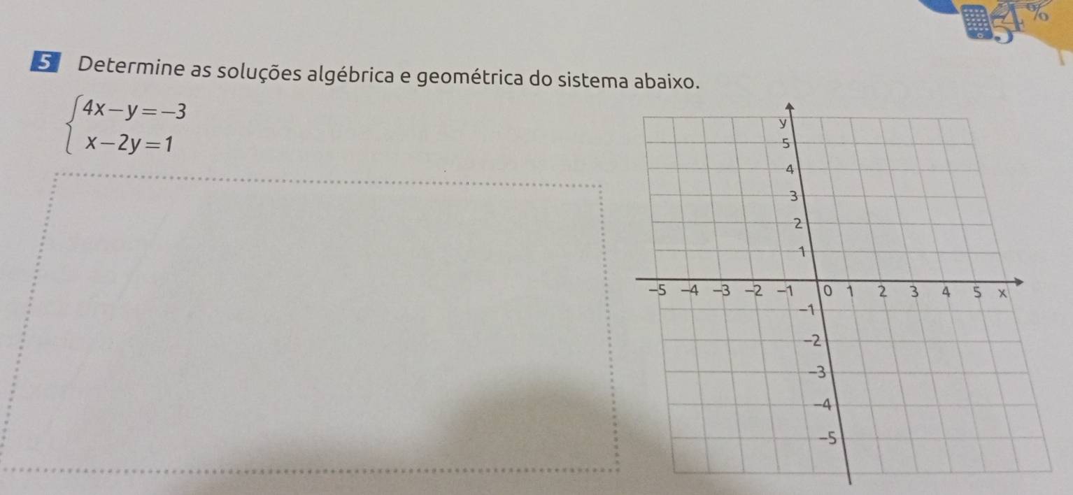 Determine as soluções algébrica e geométrica do sistema abaixo.
beginarrayl 4x-y=-3 x-2y=1endarray.