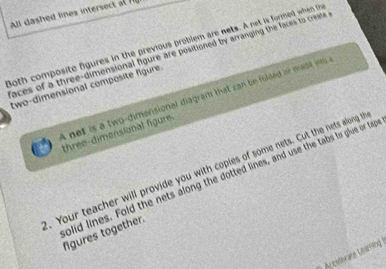 All dashed lines intersect at f 
Both composite figures in the previous problem are nets. A net is formed when th 
aces of a three-dimensional figure are positioned by arranging the faces to create 
two-dimensional composite figure. 
A net is a two-dimensional diagram that can be folded or made into 
three-dimensional figure. 
.Your teacher will provide you with copies of some nets. Cut the nets along t 
olid lines. Fold the nets along the dotted lines, and use the tabs to glue or tap 
fgures together. 
Arcetorate Gearring