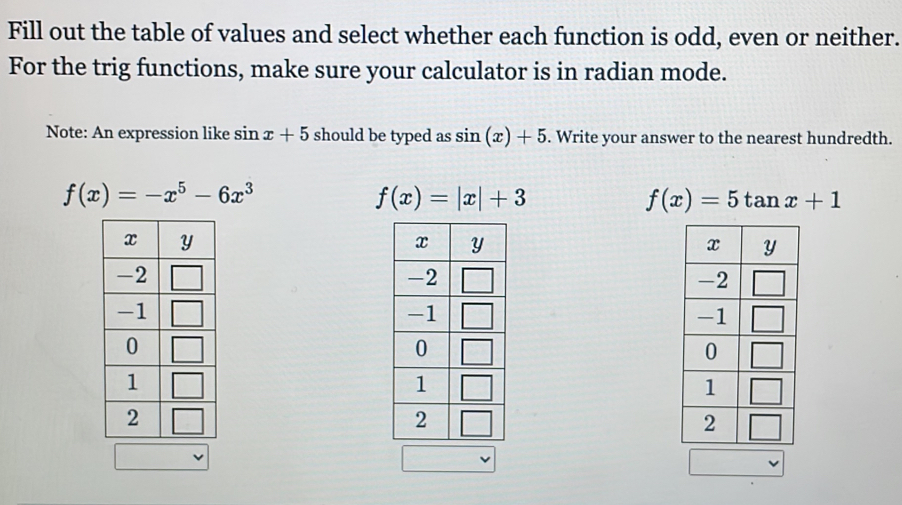 Fill out the table of values and select whether each function is odd, even or neither.
For the trig functions, make sure your calculator is in radian mode.
Note: An expression like sin x+5 should be typed as sin (x)+5. Write your answer to the nearest hundredth.
f(x)=-x^5-6x^3
f(x)=|x|+3
f(x)=5tan x+1