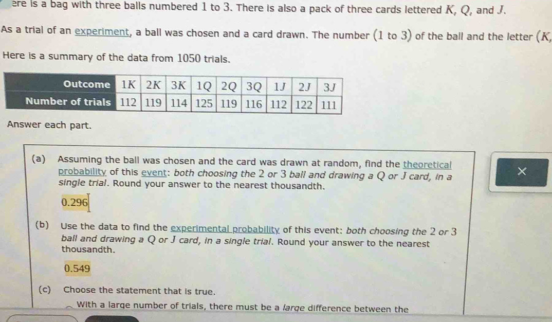 ere is a bag with three balls numbered 1 to 3. There is also a pack of three cards lettered K, Q, and J. 
As a trial of an experiment, a ball was chosen and a card drawn. The number (1 to 3) of the ball and the letter (K, 
Here is a summary of the data from 1050 trials. 
Answer each part. 
(a) Assuming the ball was chosen and the card was drawn at random, find the theoretical 
probability of this event: both choosing the 2 or 3 ball and drawing a Q or J card, in a 
× 
single trial. Round your answer to the nearest thousandth.
0.296
(b) Use the data to find the experimental probability of this event: both choosing the 2 or 3
ball and drawing a Q or J card, in a single trial. Round your answer to the nearest 
thousandth.
0.549
(c) Choose the statement that is true. 
With a large number of trials, there must be a large difference between the