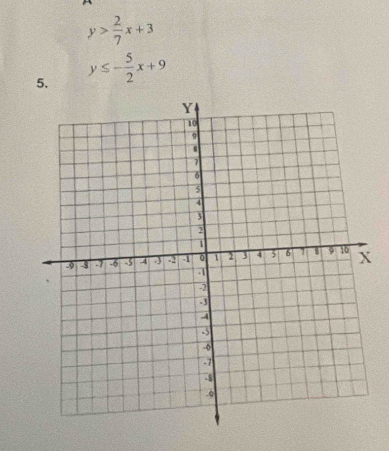 y> 2/7 x+3
5. y≤ - 5/2 x+9