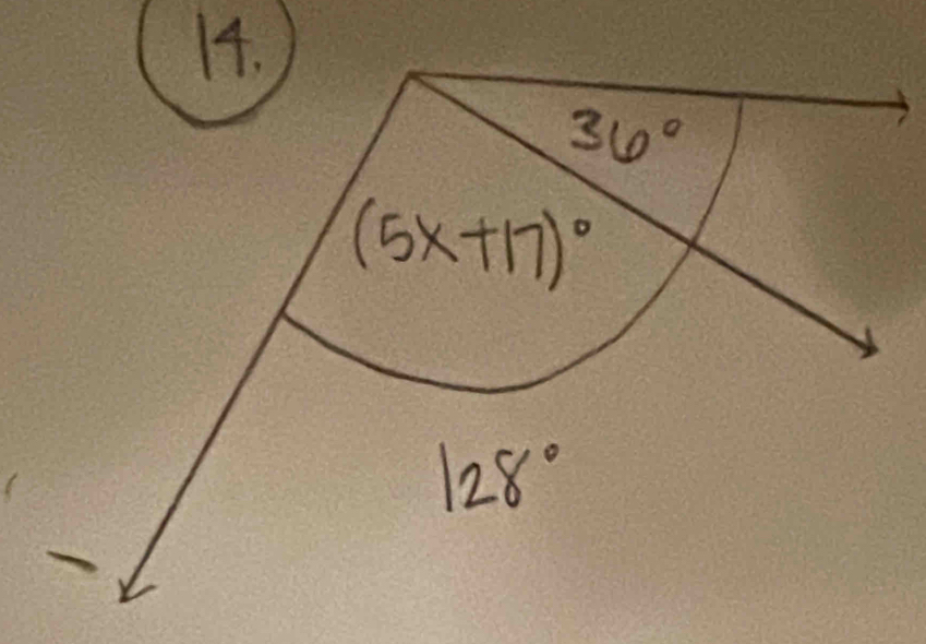 36°
(5x+17)^circ 
128°