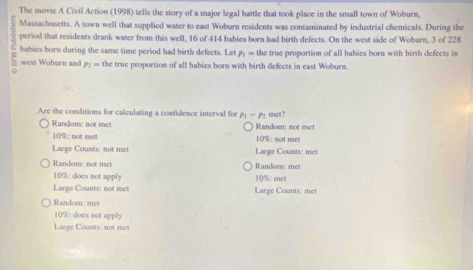The movic A Civil Action (1998) tells the story of a major legal battle that took place in the small town of Woburn,
Massachusetts. A town well that supplied water to east Woburn residents was contaminated by industrial chemicals. During the
period that residents drank water from this well, 16 of 414 babies born had birth defects. On the west side of Woburn, 3 of 228
babies born during the same time period had birth defects. Let P_1= the true proportion of all babies born with birth defects in
west Woburn and p_2= the true proportion of all babies born with birth defects in east Woburn.
Are the conditions for calculating a confidence interval for p_1-p_2 met?
Random: not met Random: not met
10% : not met 10% : not met
Large Counts: not met Large Counts: met
Random: not met Random: met
10% : does not apply 10% : met
Large Counts: not met Large Counts: met
Random: met
10% : does not apply
Large Counts: not met