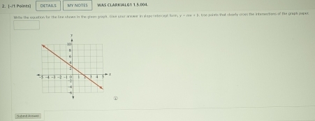 [-it Points] DETAILS MY NOTES WAS CLARKIALG1 1.5.004. 
Wre the equation for the line shows in the given grapl. Give year arsower in slage tefercest fawm y=ax+3 t se golsts that cearly moes the intersections of te graps paper 
① 
Subenil Anwei