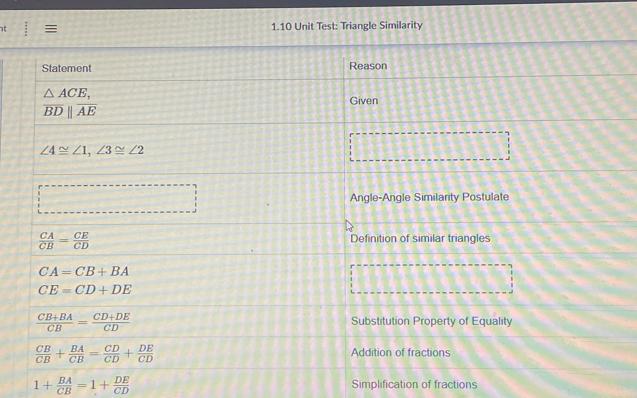 ≡ 1.10 Unit Test: Triangle Similarity Statement Reason ACE, Given ...