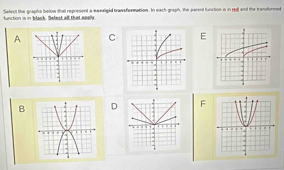 Select the graphs below that represent a nonrigid transformation. In each graph, the parent function is in red and the transformed 
function is in black. Select all that apply. 
A 
C 
E 

B 
D 
F