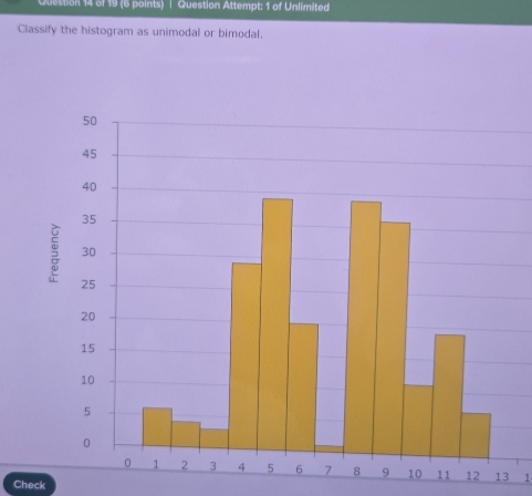 on 14 of 19 (6 points) | Question Attempt: 1 of Unlimited 
Classify the histogram as unimodal or bimodal.
12 13 1 
Check