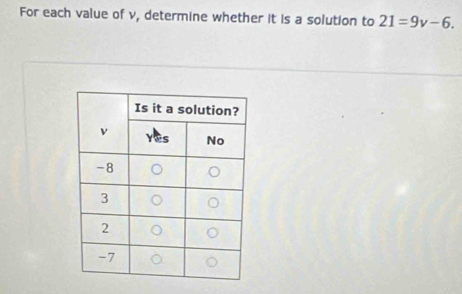 For each value of v, determine whether it is a solution to 21=9v-6.