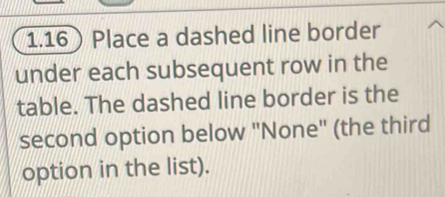 Solved: 1.16Place a dashed line border under each subsequent row in the ...