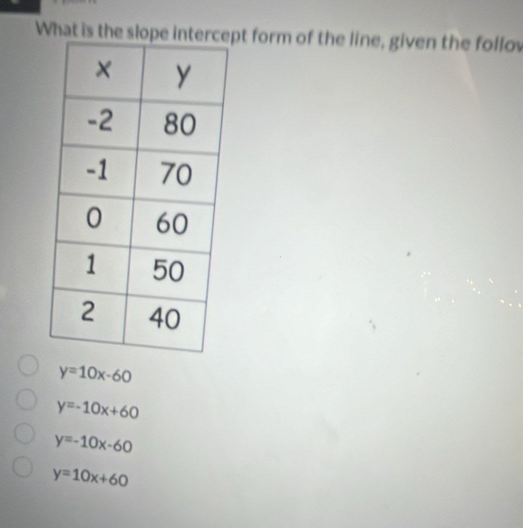 What is the pt form of the line, given the follov
y=10x-60
y=-10x+60
y=-10x-60
y=10x+60