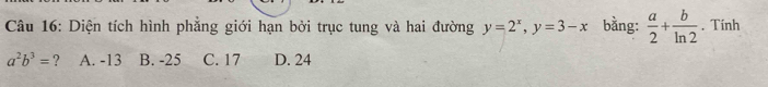 Diện tích hình phẳng giới hạn bởi trục tung và hai đường y=2^x, y=3-x bằng:  a/2 + b/ln 2 . Tinh
a^2b^3= ? A. -13 B. -25 C. 17 D. 24