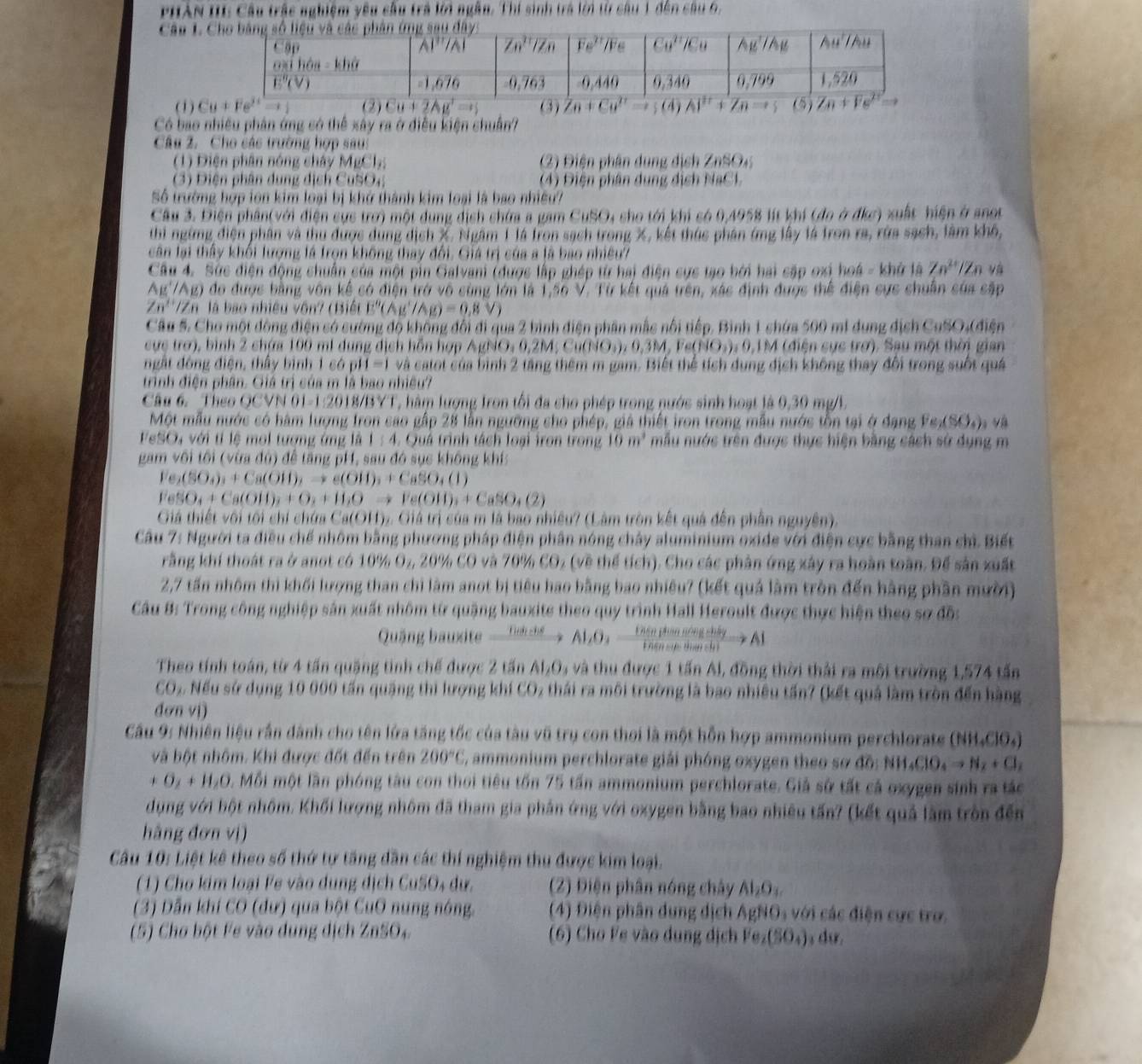 PHAN IE Cầu trậc nghiệm yêu cầu trả lời ngẫn. Thí sinh trá lời từ câu 1 đến câu 6,
Câu 1. 
(1) Cu+Fe^(2+)to (2) Cu+2Ag^+=s (3) Zn+Cu^(2+)to ;(4) AI^(2+)+Zn=+5
Có bao nhiều phản ứng có thể xây ra ở điều kiện chuẩn?
Câu 2. Cho các trường hợp sau
(1) Diện phân nóng chây MgCl;: (2) Điện phân dung dịch ZnSO4
(3) Diện phân dung dịch CuSO₄; (4) Điện phân dung dịch NaCl.
Số trường hợp ion kim loại bị khở thành kim loại là bao nhiều?
Câu 3. Điện phân(với điện sực trơ) một dung dịch chứa a gam CuSO, sho tới khi só 0,4958 lít khí (đo ở địc) xuất hiện ở anot
thi ngừng điện phân và thu được dùng dịch X. Ngăm 1 lá tron sạch trong X, kết thúc phân ứng lây l4 fron ra, rừa sạch, làm khô,
cân lại thầy khối lượng lá Irọn không thay đổi. Giá trị của a là bao nhiêu7
Câu 4. Sức điện động chuẩn của một pin Galvani (được lập ghép từ hai điện sực tạo bởi hai cập oxi hoá - khử là Zn^(2+)/Zn yà
Ag'/Ag) đo được bằng vôn kế có điện trở vô sùng lớn là 1,56 V. Từ kết quả trên, xác định được thể điện sực chuẩn sủa sập
7n^"//n là bao nhiều vôn? (Biến E°(Ag°/Ag)=0.8V)
Câu 5. Cho một động điện só cường độ không đổi đi qua 2 bình điện phân mắc nổi tiếp, Bình 1 chứa 500 mi dụng địch CuSO-(điện
cực trơ), bình 2 chứa 100 mi dung dịch hỗn hợp AgNO_30,2M;Cu(NO_3),0,3M,Fe(NO_3),0, IM (điện sực trợ). Sau một thời gian
ngất đóng điện, thấy bình 1 có pH =1Vhat a catot của bình 2 tăng thêm m gam. Biết thể tích dụng địch không thay đổi trong suốt quá
trình điện phân. Giá trì của m là bao nhiều?
Câu 6. Theo QCVNOI=1:2018/BYT , hàm lượng Iron tối đa cho phép trong nước sinh hoạt là 0,30 mg/L
Một mẫu nước có hàm lượng fron sao gập 28 lần ngường cho phép, giả thiết iron trong mẫu nước tồn tại ở đạng ,Fe_2(SO_4) v và
FeSO, với tí lệ mol tượng ứng là 1:4. Quá trình tách loại iron trong 10m^3 mẫu nước trên được thực hiện bằng cách sử dụng m
gam vôi tối (vừa đú) để tăng pH, sau đó sục không khí:
Fe_2(SO_3)_3+Ca(OH)_2to e(OH)_3+CaSO_4(l)
FeSO_4+Ca(OH)_2+O_2+H_2Oto Fe(OH)_3+CaSO_4(2)
Giá thiết vôi tôi chí chứa Ca(OH) v  Giá trị của m là bao nhiêu? (Làm tròn kết quả đến phần nguyên)
Câu 7: Người ta điều chế nhôm bằng phương pháp điện phân nóng chây aluminium oxide với điện cực bằng than chì. Biết
rằng khí thoát ra ở anot có 10% O₂, 20% CO và 70% COz (về thể tích). Cho các phân ứng xây ra hoàn toàn. Để sản xuất
2,7 tấn nhôm thì khối lượng than chỉ làm anot bị tiêu hao bằng bao nhiêu? (kết quả làm tròn đến hàng phần mười)
Cầu B: Trong công nghiệp sản xuất nhôm từ quặng bauxite theo quy trình Hall Heroult được thực hiện theo sợ đồ:
Quặng bauxite xrightarrow TiditiAl,O_3xrightarrow  nenitimetinityto AyAl
Theo tính toán, từ 4 tấn quặng tinh chế được 2 tấn AI,O 5 và thu được 1 tấn Al, đồng thời thải ra môi trường 1,574 tấn
CO, Nếu sử dụng 10 000 tấn quảng thì lượng khí COz thái ra môi trường là bao nhiều tấn? (kết quả làm tròn đến hàng
dơn vị)
Cầu 9: Nhiên liệu rần dành cho tên lửa tăng tốc của tàu vũ trụ con thơi là một hỗn hợp ammonium perchlorate (NH_4ClO_4)
và bột nhôm. Khi được đốt đến trên 200°C 5, ammonium perchlorate giải phóng oxygen theo sơ do:NH_4ClO_4to N_2+Cl_2
+O_2+H_2O Mỗi một lần phóng tàu con thoi tiêu tốn 75 tấn ammonium perchlorate. Giả sử tất cả oxygen sinh ra tác
dụng với bột nhôm. Khối lượng nhôm đã tham gia phản ứng với oxygen bằng bao nhiêu tấn? (kết quả làm tròn đến
hãng đơn vị)
Câu 10: Liệt kê theo số thứ tự tăng dân các thí nghiệm thu được kim loại.
(1) Cho kim loại Fe vào dung dịch CuSO₄ dư. (2) Điện phân nóng chây Al_2O_3.
(3) Dẫn khí CO (dư) qua bột CuO nung nóng. (4) Điện phân dung dịch AgNO với các điện cực trợ.
(5) Cho bột Fe vào dung dịch ZnSO, (6) Cho Fe vào dung dịch Fe_2(SO_4) , du.