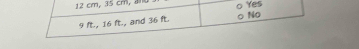 12 cm, 35 cm, and Yes
9 ft., 16 ft., and 36 ft.
No