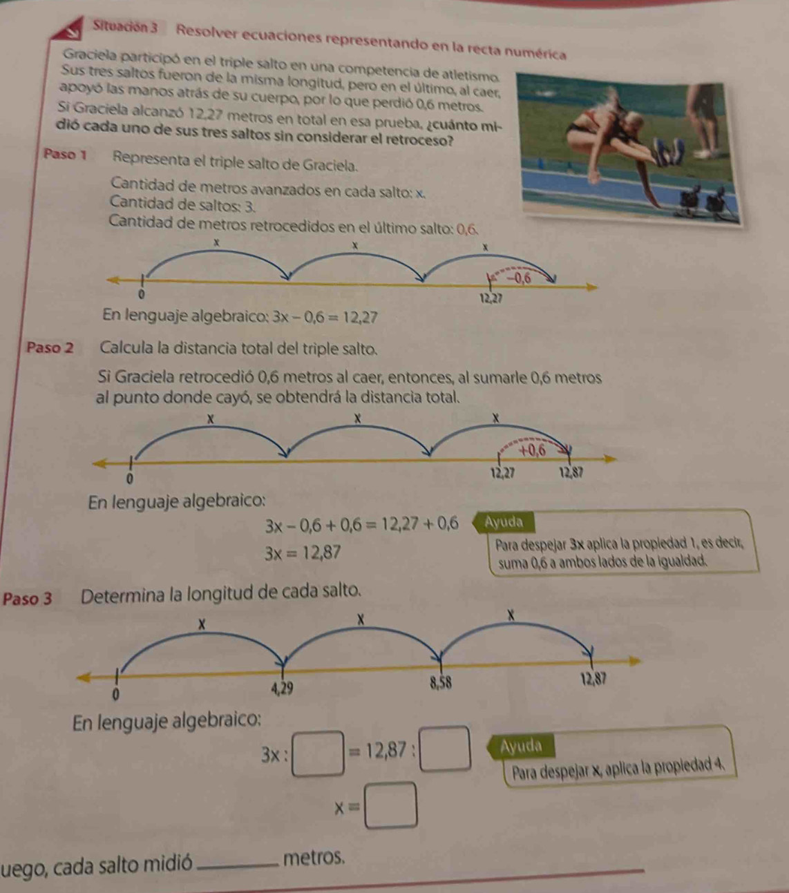 Situación 3  Resolver ecuaciones representando en la recta numérica
Graciela participó en el triple salto en una competencia de atletismo.
Sus tres saltos fueron de la misma longitud, pero en el último, al caer,
apoyó las manos atrás de su cuerpo, por lo que perdió 0,6 metros.
Si Graciela alcanzó 12,27 metros en total en esa prueba, ¿cuánto mi-
dió cada uno de sus tres saltos sin considerar el retroceso?
Paso 1 Representa el triple salto de Graciela.
Cantidad de metros avanzados en cada salto: x.
Cantidad de saltos: 3.
Cantidad de metros retrocedidos en el último salto: 0,6.
x
x
x
−0,6
12,27
En lenguaje algebraico: 3x-0.6=12,27
Paso 2 Calcula la distancia total del triple salto.
Si Graciela retrocedió 0,6 metros al caer, entonces, al sumarle 0,6 metros
al punto donde cayó, se obtendrá la distancia total.
En lenguaje algebraico:
3x-0,6+0,6=12,27+0,6 Ayuda
3x=12,87
Para despejar 3× aplica la propiedad 1, es decir,
suma 0,6 a ambos lados de la igualdad.
Paso 3 Determina la longitud de cada salto.
0 8,58 12,87
4.29
En lenguaje algebraico:
3x:□ =12,87:□ Ayuda
Para despejar ×, aplica la propiedad 4.
x=□
uego, cada salto midió_
metros.