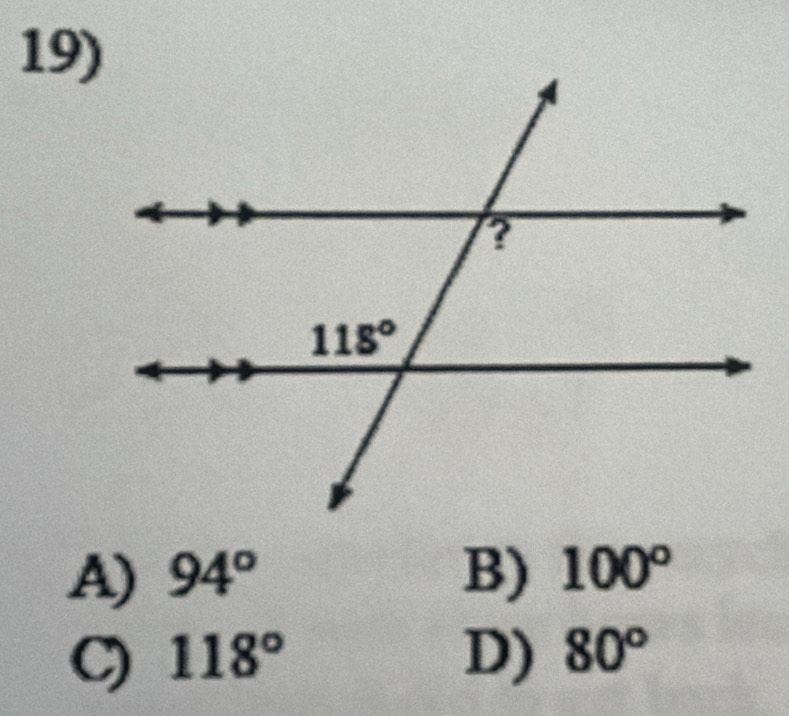 A) 94° B) 100°
C) 118° D) 80°