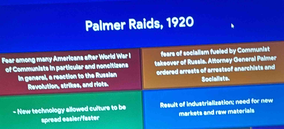 Palmer Raids, 1920 
Fear among many Americans after World War I fears of socialism fueled by Communist 
of Communists in particular and noncitizens takeover of Russia. Attorney General Palmer 
in general, a reaction to the Russian ordered arrests of arrestsof anarchists and 
Revolution, strikes, and riots. Socialists. 
- New technology allowed culture to be Result of industrialization; need for new 
spread easier/faster markets and raw materials