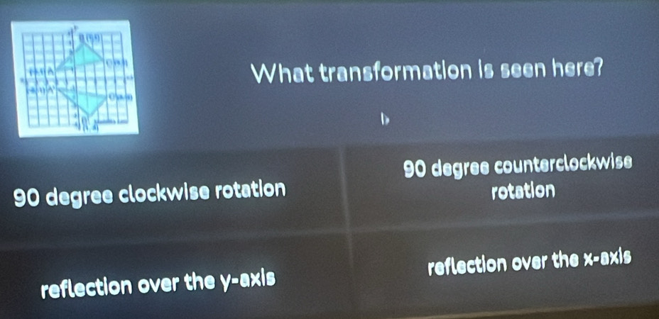 (9,4)
What transformation is seen here?
A ) A
o
90 degree counterclockwise
90 degree clockwise rotation rotation
reflection over the y-axis reflection over the x-axis