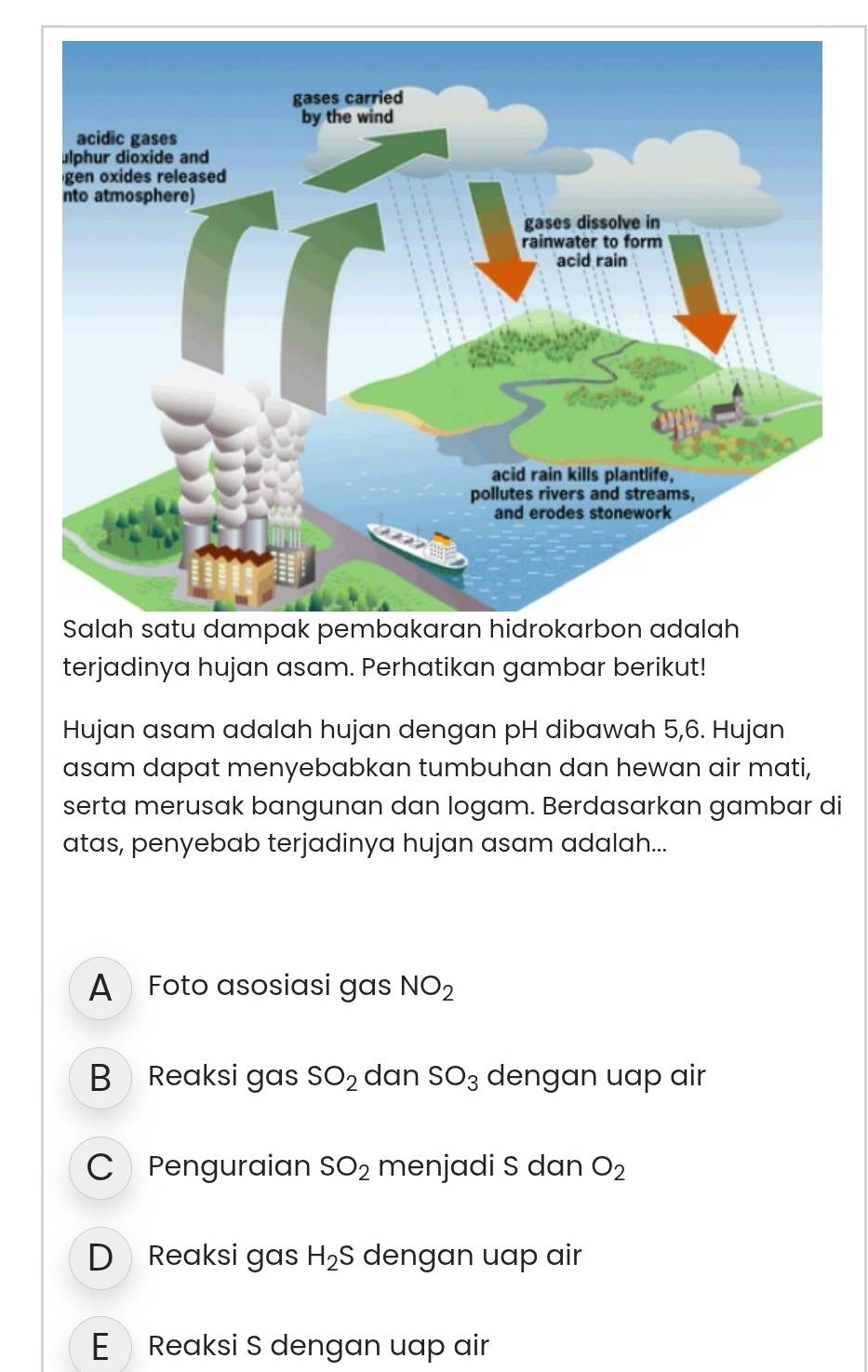 terjadinya hujan asam. Perhatikan gambar berikut!
Hujan asam adalah hujan dengan pH dibawah 5, 6. Hujan
asam dapat menyebabkan tumbuhan dan hewan air mati,
serta merusak bangunan dan logam. Berdasarkan gambar di
atas, penyebab terjadinya hujan asam adalah...
A Foto asosiasi gas NO_2
B Reaksi gas SO_2 dan SO_3 dengan uap air
C Penguraian SO_2 menjadi S dan O_2
D Reaksi gas H_2S dengan uap air
E Reaksi S dengan uap air