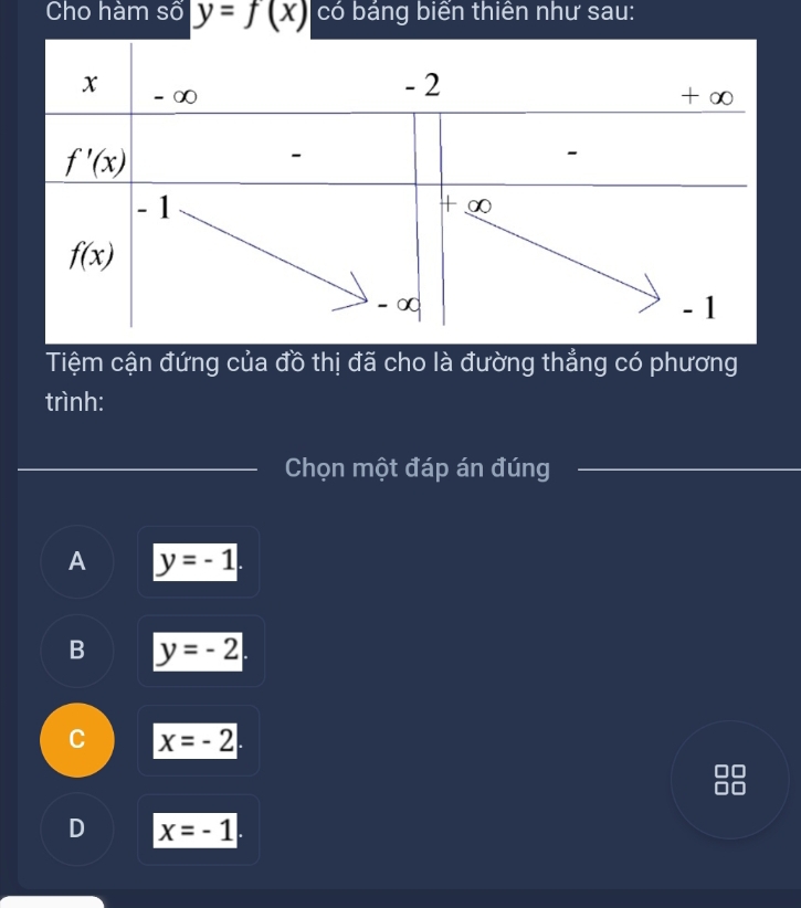 Cho hàm số y=f(x) có báng biển thiên như sau:
Tiệm cận đứng của đồ thị đã cho là đường thẳng có phương
trình:
Chọn một đáp án đúng
A y=-1
B y=-2
C x=-2
0
D x=-1