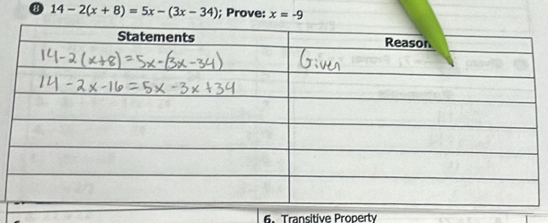 ⑧ 14-2(x+8)=5x-(3x-34); Prove: x=-9
6. Transitive Property