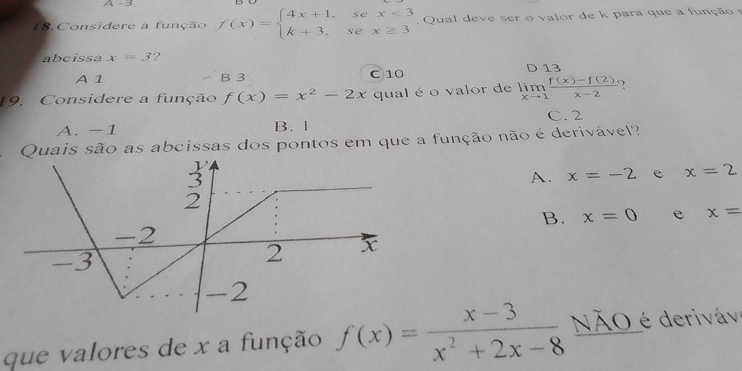 A-3
18. Considere a função f(x)=beginarrayl 4x+1,sex<3 k+3,sex≥ 3endarray..  Qual deve ser o valor de k para que a função s
abcissa x=3 ?
A 1 B 3 C 10
D 13
19. Considere a função f(x)=x^2-2x qual é o valor de limlimits _xto 1 (f(x)-f(2))/x-2  2
C. 2
A. -1 B. 1
Quais são as abcissas dos pontos em que a função não é derivável?
A. x=-2 e x=2
B. x=0 e x=
que valores de x a função f(x)= (x-3)/x^2+2x-8  O é deriváv