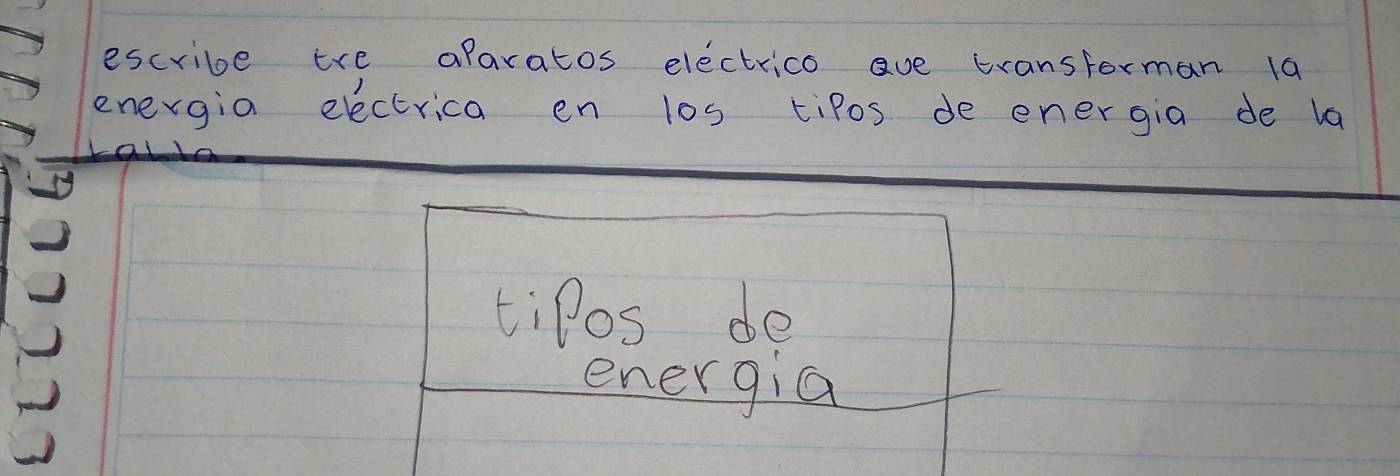 escribe tre aparatos electrico ave Eranstorman 19 
energia electrica en los tipos de energia de la 
tiPos de 
energia