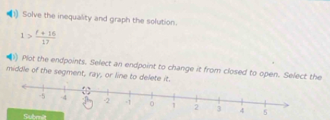 Solve the inequality and graph the solution.
1> (f+16)/17 
Plot the endpoints. Select an endpoint to change it from closed to open. Select the 
middle of the segment, ray, or line to delete it. 
Submit