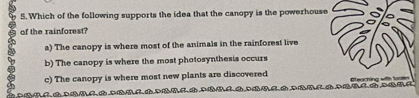 Which of the following supports the idea that the canopy is the powerhouse
of the rainforest?
a) The canopy is where most of the animals in the rainforest live
b) The canopy is where the most photosynthesis occurs
c) The canopy is where most new plants are discovered
ateaching
o