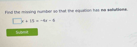 Find the missing number so that the equation has no solutions.
□ x+15=-4x-6
Submit