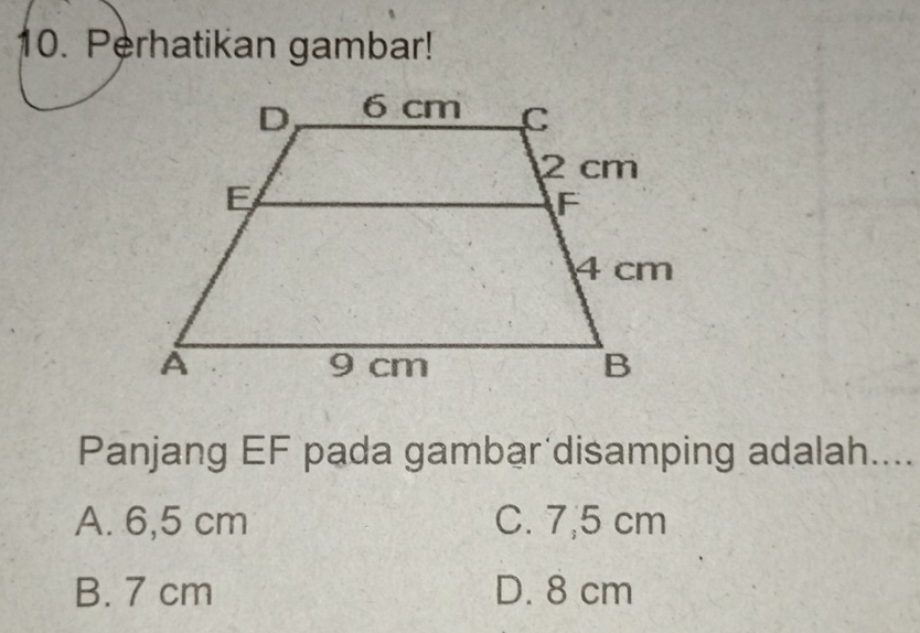 Perhatikan gambar!
Panjang EF pada gambar'disamping adalah....
A. 6,5 cm C. 7,5 cm
B. 7 cm D. 8 cm