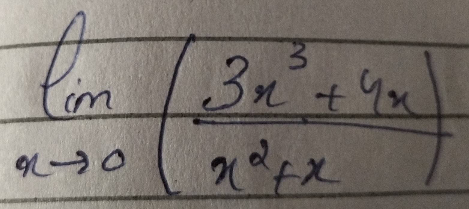 limlimits _xto 0( (3x^3+4x)/x^2+x )