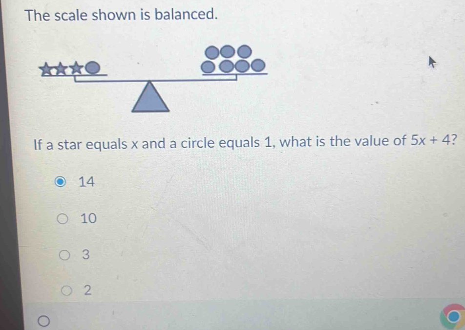 The scale shown is balanced.
If a star equals x and a circle equals 1, what is the value of 5x+4 ?
14
10
3
2